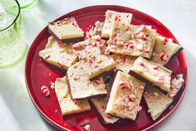 Southern Living Peppermint Bark broken into pieces on a plate to serve