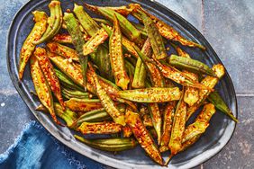 Southern Living Roasted Okra on a platter to serve