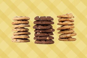 Three stacks of cookies on a yellow plaid background. 