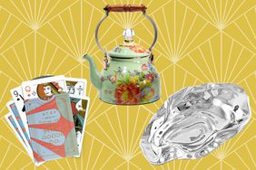 The host and hostess gifts we recommend on a yellow art deco patterned background