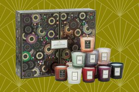 Collage of the Voluspa Japonica Archive Votive Gift Set on olive green patterned background