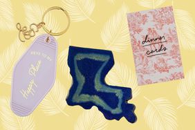 Collage of three housewarming gifts we recommend on a yellow leaf patterned background