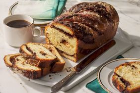 Southern Living Chocolate Babka sliced on a plate to serve with coffee