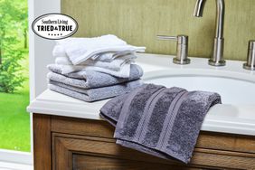 Three washcloths we recommend placed on a sink