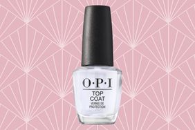 One of the top coat nail polishes we recommend on a colorful background