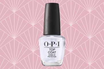 One of the top coat nail polishes we recommend on a colorful background