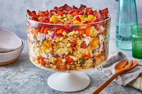 Southern Living Cornbread Salad in a trifle bowl ready to serve