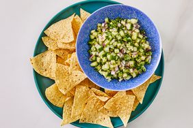 Southern Living Cucumber Salsa in a bowl to serve with tortilla chips on the side