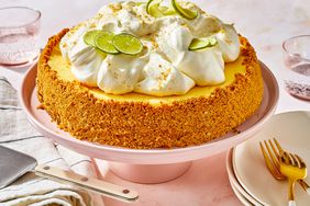 Southern Living Key Lime Cheesecake whole on a cake plate to serve