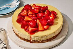 Southern Living Strawberry Cheesecake on a platter ready to serve 