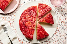 Southern Living Strawberry Upside Down Cake sliced on a plate to serve