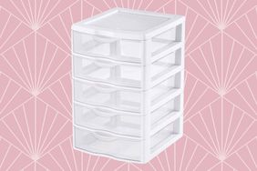 collage of the Sterilite Small 5 Drawer Storage Unit on a pink, patterned background