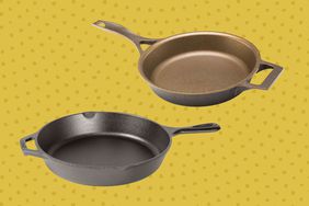 Two Cast Iron Skillets arranged on a yellow patterned background