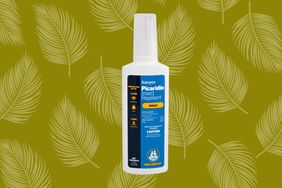 Collage of the Sawyer Picaridin Insect Repellent Spray on a green background with leaf pattern