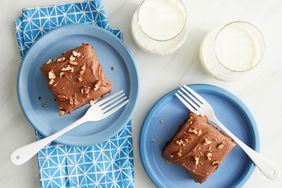 Wacky Cake slices on blue plates